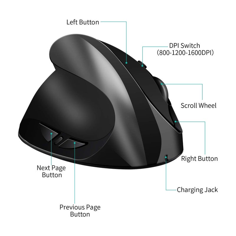 AURTEC Left-Handed Mouse, Rechargeable 2.4G Wireless Ergonomic Vertical Mice with USB Receiver, 6 Buttons and 3 Adjustable DPI 800/1200/1600 for Left Hand, ï¼ˆBlackï¼‰ - Image 5